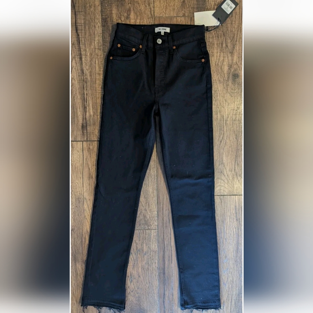 RE/DONE 90s High Rise Ankle Crop Jeans Button Fly Raw Hem Black Size 25 NEW!